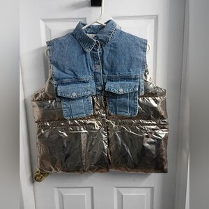 Denim and Metallic Silver Puffer Vest